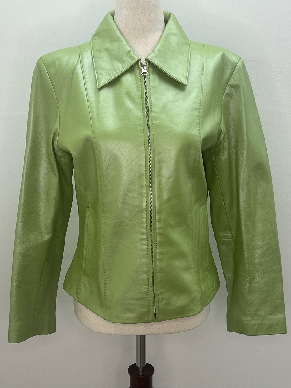 Saguaro Vintage Lime Green 100% Leather Full Zip Jacket Coat Womens Size Small
